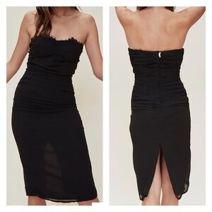 LPA Shirred Bustier Dress Black Strapless Midi Revolve XXS NWT
